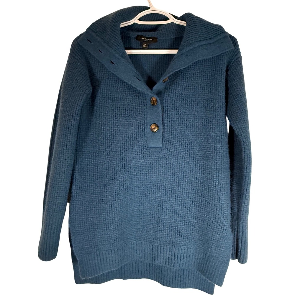 Ann Taylor Petite Waffle Knit Button Shawl Warm & Cozy Sweater Isle Blue Teal XS